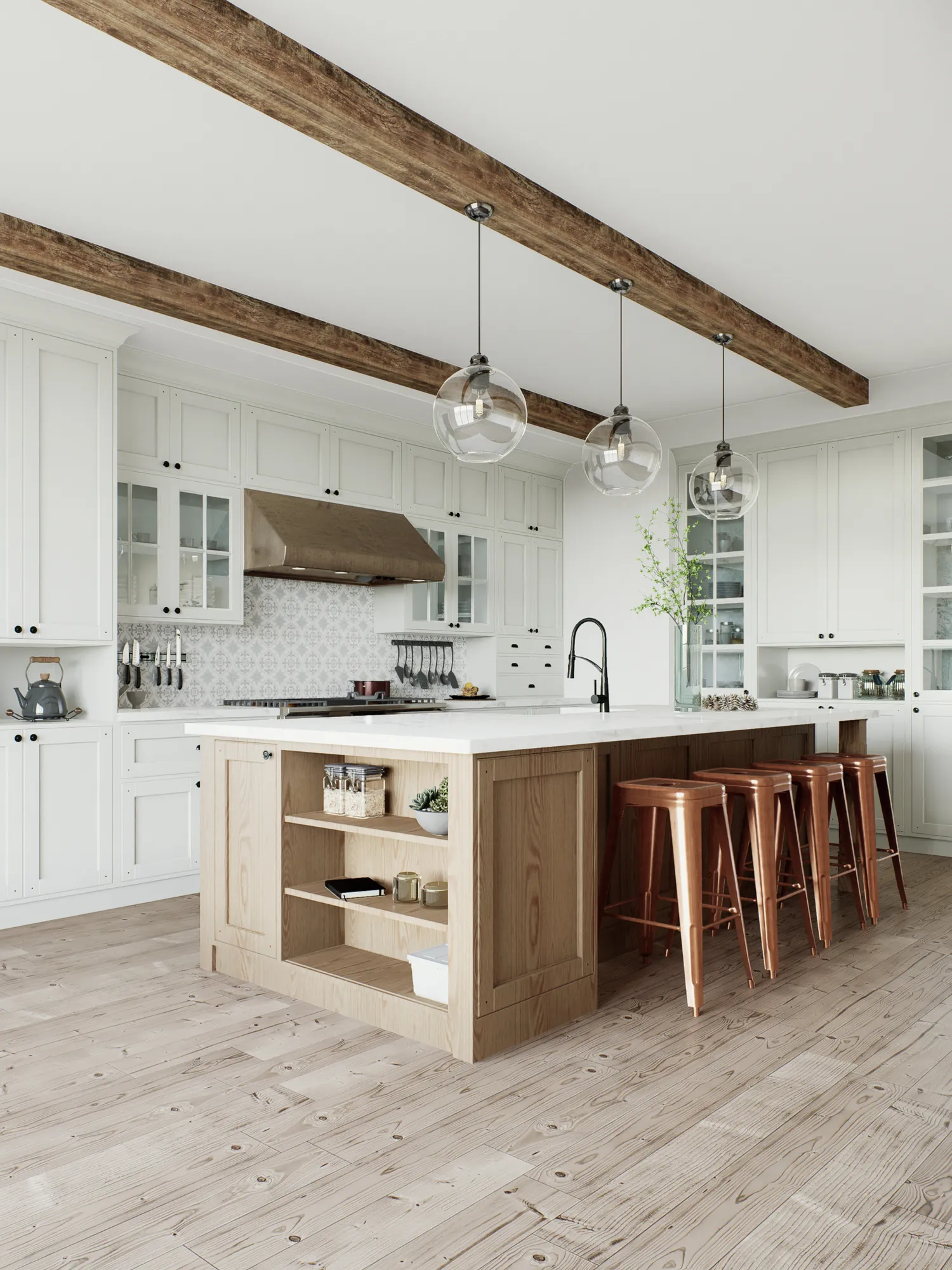 Farmhouse kitchen with exposed beams and island